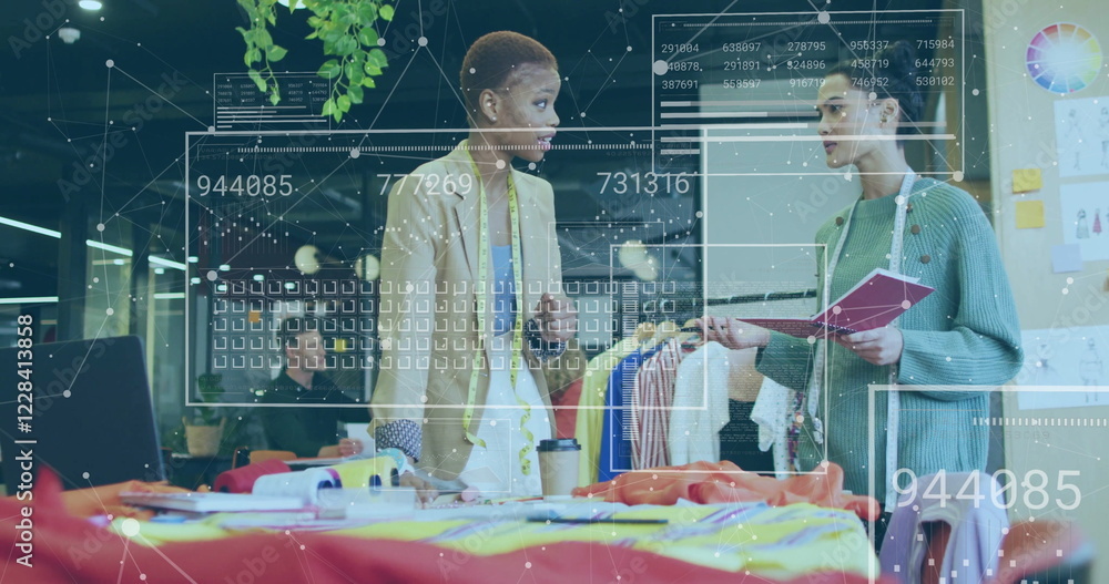 Poster image of data processing and network of connections over diverse colleagues working in office