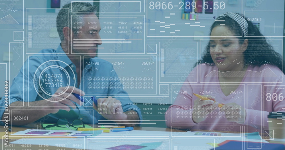 Aufkleber image of data processing over diverse colleagues working in office