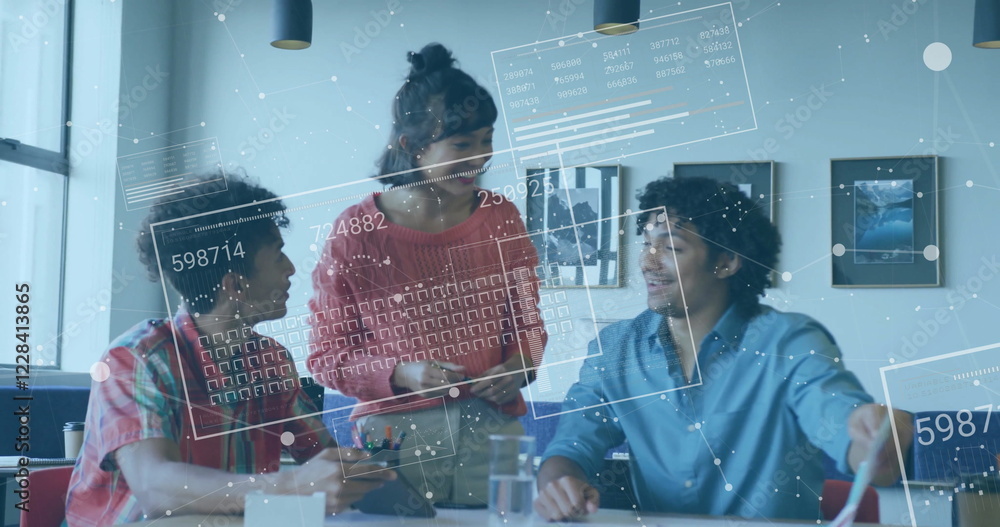Poster image of data processing and network of connections over diverse colleagues working in office