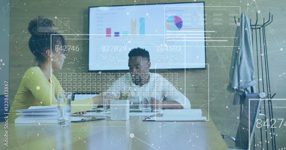 Poster image of data processing and network of connections over diverse colleagues working in office