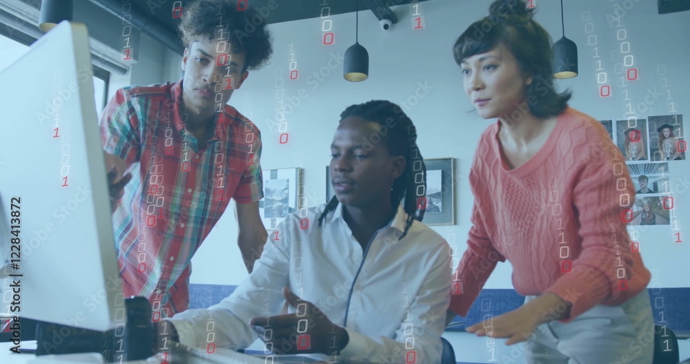 Poster image of data processing over diverse colleagues working in office