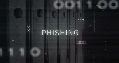 Image of phishing text over data processing and server room