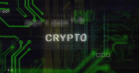 Image of crypto text over data processing and server room