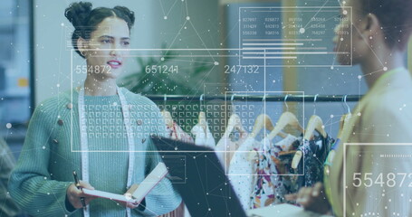 Image of data processing and network of connections over diverse colleagues working in office