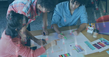 Image of data processing over diverse colleagues working in office