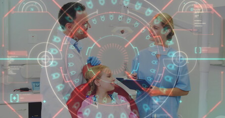 Image of data processing and scope scanning over caucasian dentists and girl patient