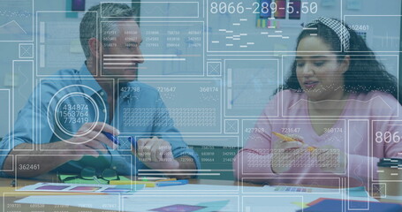 Image of data processing over diverse colleagues working in office