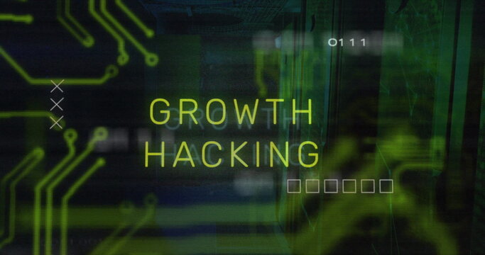 Image of growth hacking text over data processing and server room