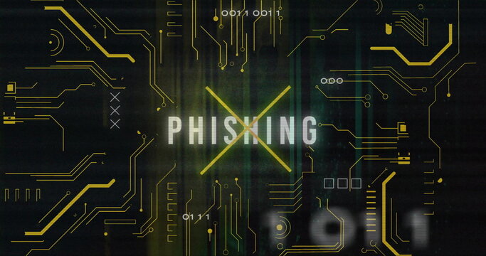 Image of phishing text over data processing and server room