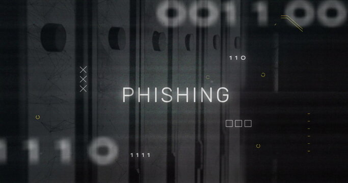 Image of phishing text over data processing and server room