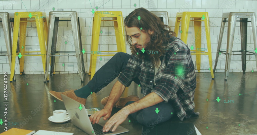 Poster image of network of connections with icons over caucasian man using laptop in cafe