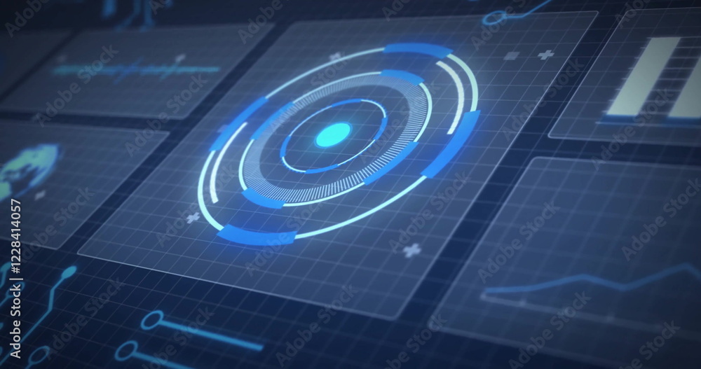 Poster image of digital data processing over screens on dark background