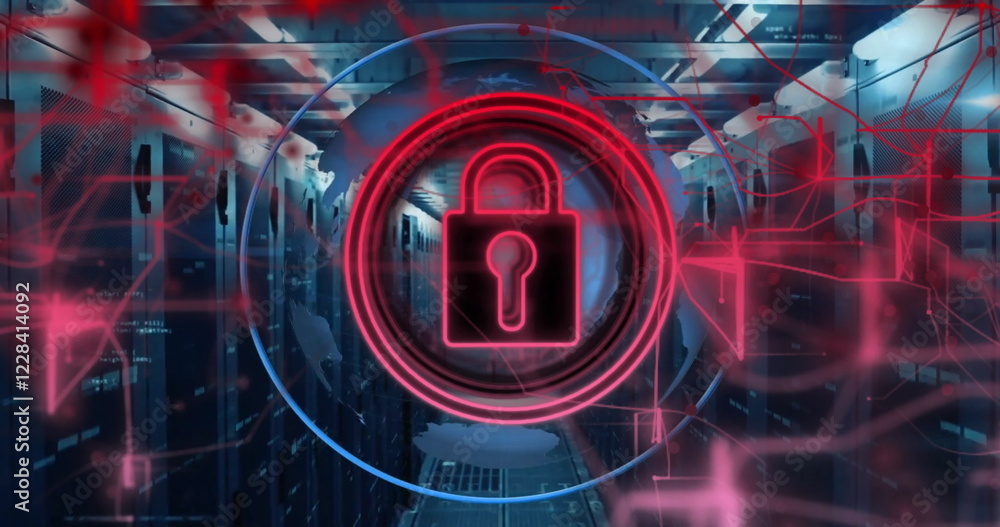 Aufkleber image of padlock and digital data processing over computer servers