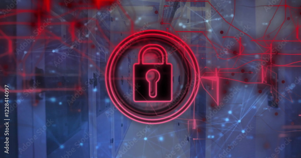 Aufkleber image of padlock and digital data processing over computer servers
