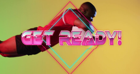 Image of get ready over african american male rugby player on yellow background