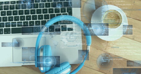 Image of data processing over laptop in cafe