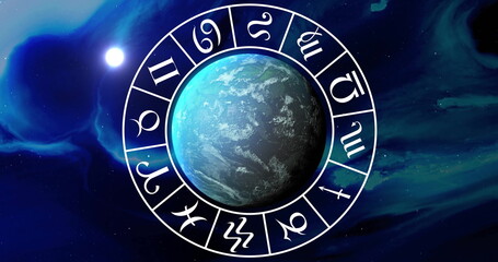 Image of circle with zodiac symbols over globe on black background