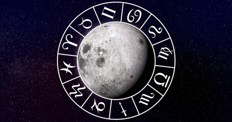 Image of circle with zodiac symbols over globe on black background