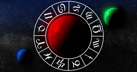Image of circle with zodiac symbols over globes on black background