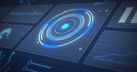 Image of digital data processing over screens on dark background