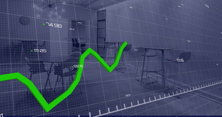 Image of green line and data processing over office