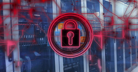 Image of padlock and digital data processing over computer servers