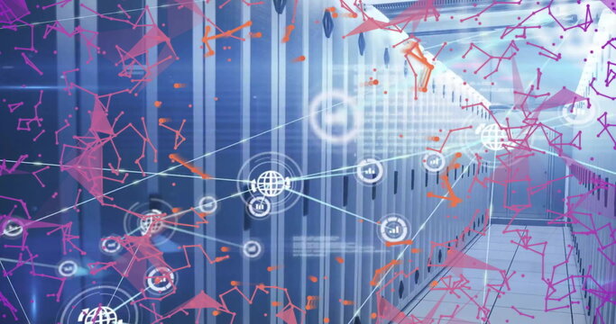 Image of connections with icons and digital data processing over computer servers