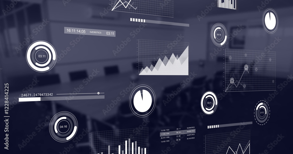 Poster image of financial data processing over empty office