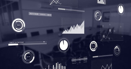 Image of financial data processing over empty office
