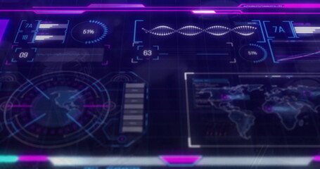 Image of data processing and diagrams over world map and dna strand
