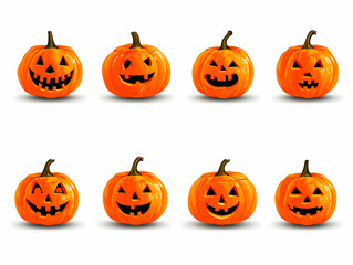 Eight Illustrated Jack-o'-lanterns Display Various Expressions on a White Background