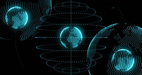 Image of diagrams over spots moving and globes