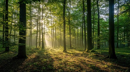 Fototapeta premium Serene Sunlight Filtering Through Lush Green Forest Trees