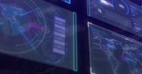 Image of data processing and diagrams over blue background