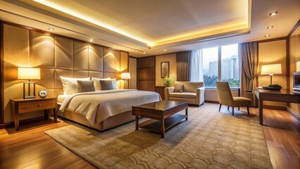 Naklejka premium A warm and inviting hotel room with a plush carpet, modern furniture