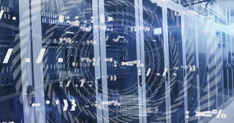 Image of data processing with circles over server room