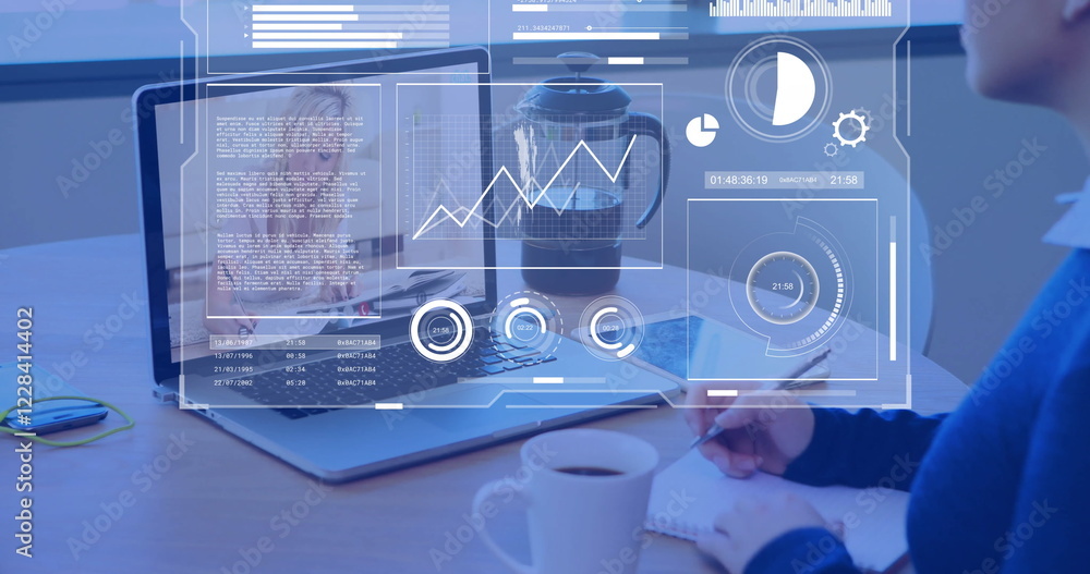 Poster image of data processing and diagrams over caucasian colleagues having video call