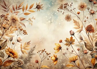 Watercolor Floral Border: Brown Dried Flowers & Branches Double Exposure