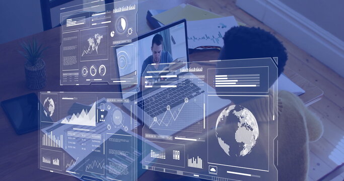 Image of data processing and diagrams over diverse male teacher and student having video call