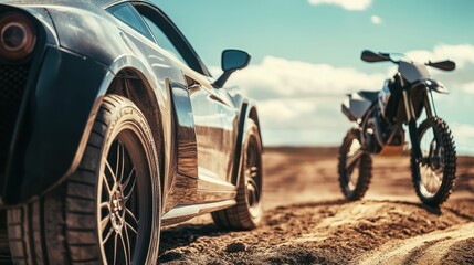 Luxury Sports Car and Motocross Bike in Desert