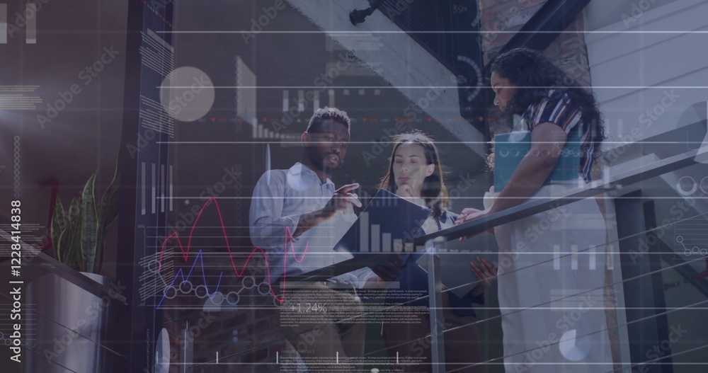Poster image of graphs and charts processing data over diverse casual business colleagues talking