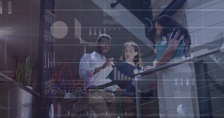 Image of graphs and charts processing data over diverse casual business colleagues talking