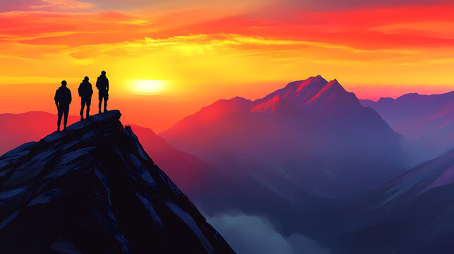 Hikers admire a breathtaking sunset atop a mountain peak in autumn. three hikers stand on a rocky ledge, captivated by the vibrant sunset painting the sky. Sunset Ridge. Illustration