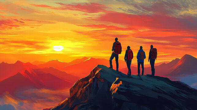 Hikers admire a breathtaking sunset atop a mountain peak in autumn. three hikers stand on a rocky ledge, captivated by the vibrant sunset painting the sky. Sunset Ridge. Illustration
