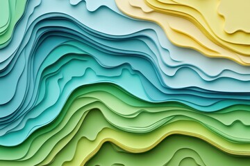 Obraz premium Abstract layered paper art in greens, blues, and yellows. Ideal for backgrounds, presentations, or designs needing a nature-inspired, calming aesthetic.