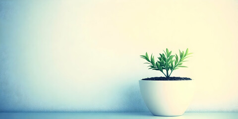 Small Green Plant Grows in a White Pot Against a Textured Wall Background Serenely