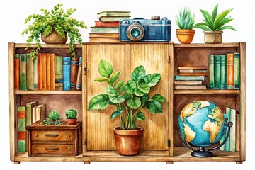 Watercolor Traveler's Library: Books, Globe, Camera & Nautical Decor on Wooden Shelves