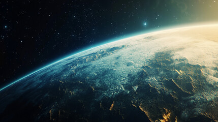 Obraz premium a rugged planet with vast, rocky plains and shallow oceans shimmering under soft, diffused light.