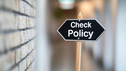 Directional sign reading "Check Policy" in hallway