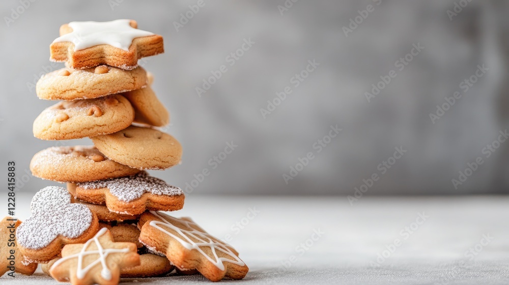 Poster stack of assorted cookies with icing on grey background